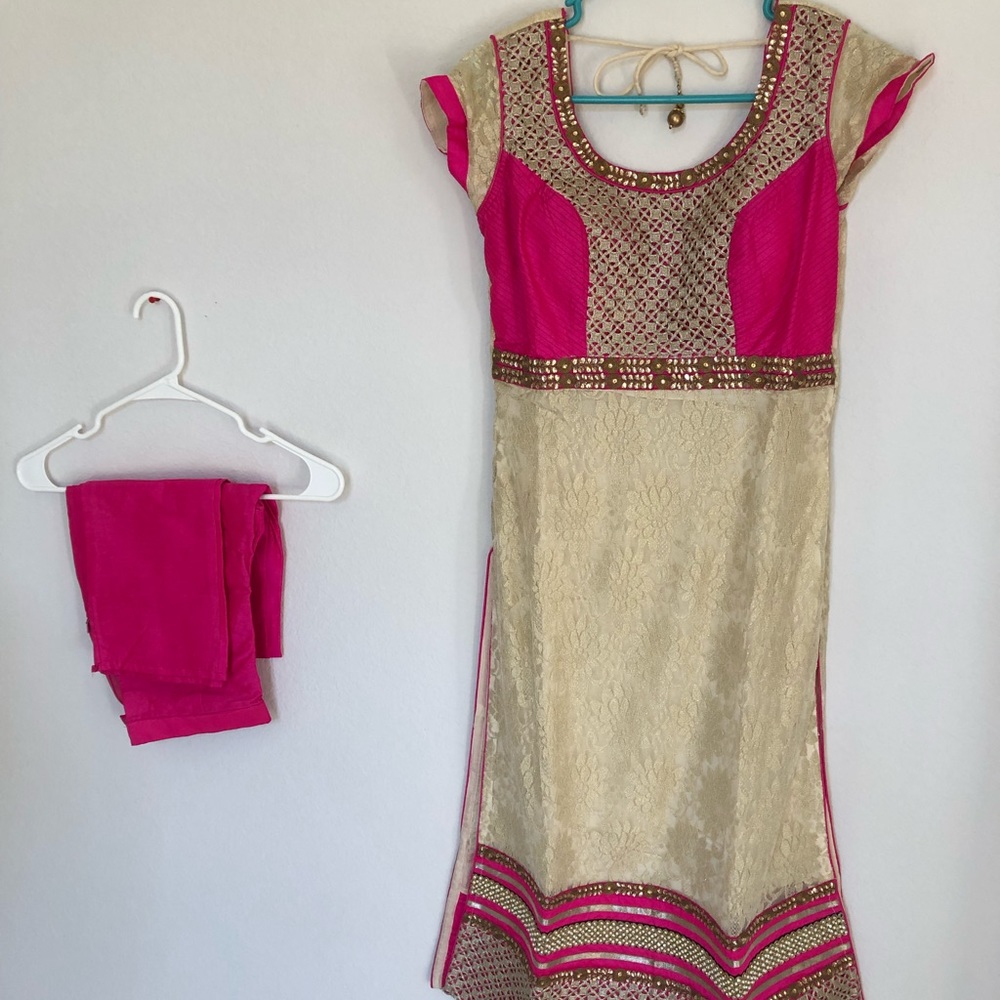 Pink And Beige Indian Ethnic Party Wear 2 Piece Suit Set